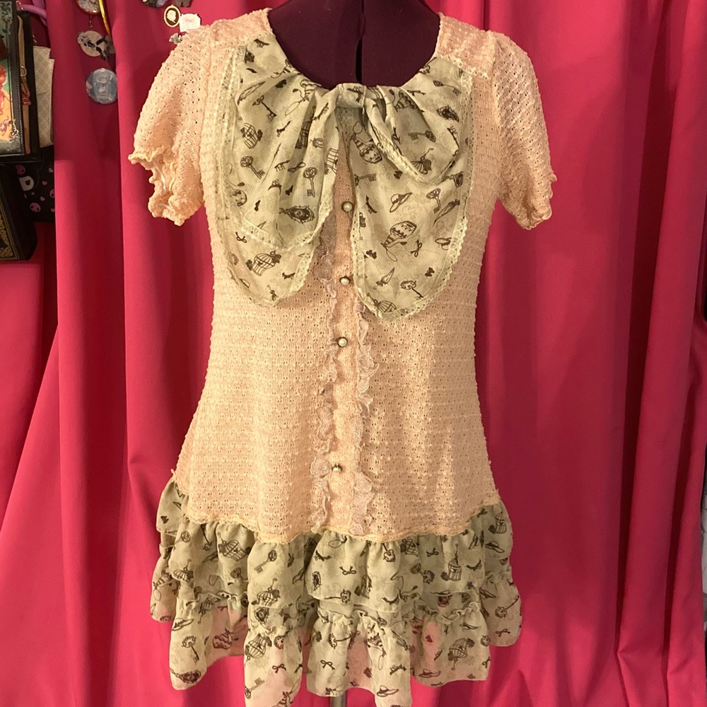 Axes Femme Japanese Harajuku Dress Pastel Pink W Brown Girly Vintage Print Skirt